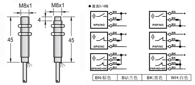 M8-45mm圓柱標準型接近開關出線式 M8-45mm圓柱標準型接近開關出線式